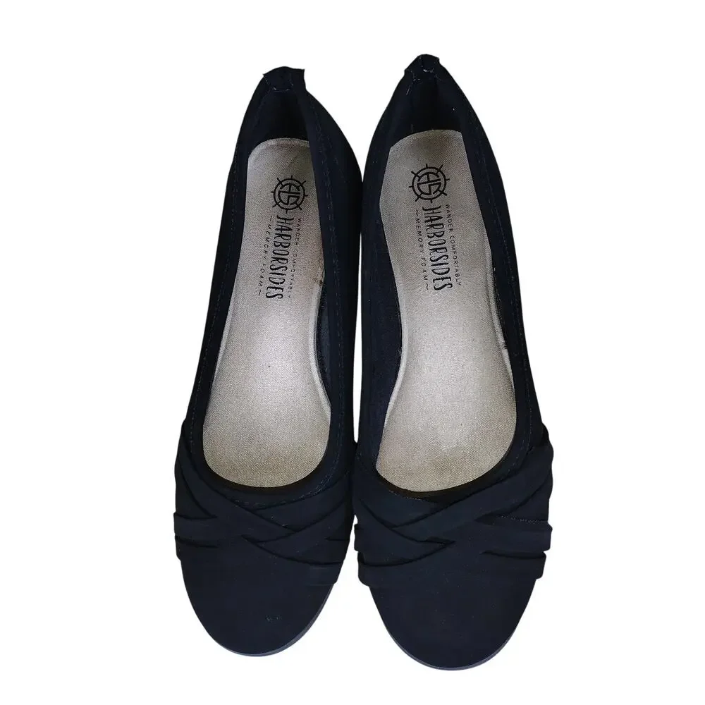 Harborsides Flats Women’s 9 Black Strappy Memory Foam Casual Comfort Dress Shoes